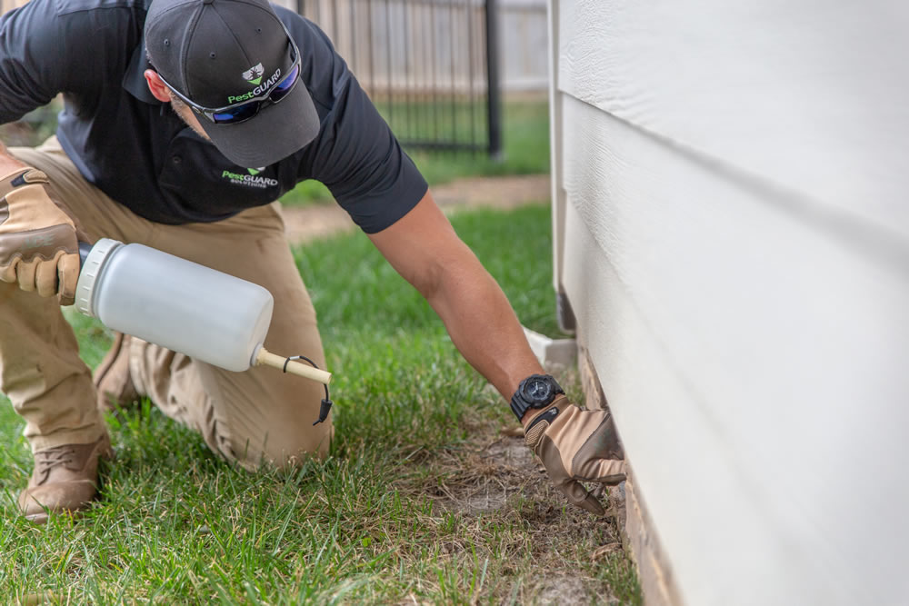 A pest control technician applying insecticidal powder to a crevice along a home's foundation to treat for flea.