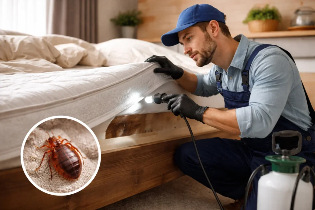 A pest control professional wearing a blue cap and black gloves uses a flashlight to inspect the seams of a mattress for bed bugs, with a pressure sprayer nearby and a microscopic inset showing a reddish-brown bed bug on fabric.