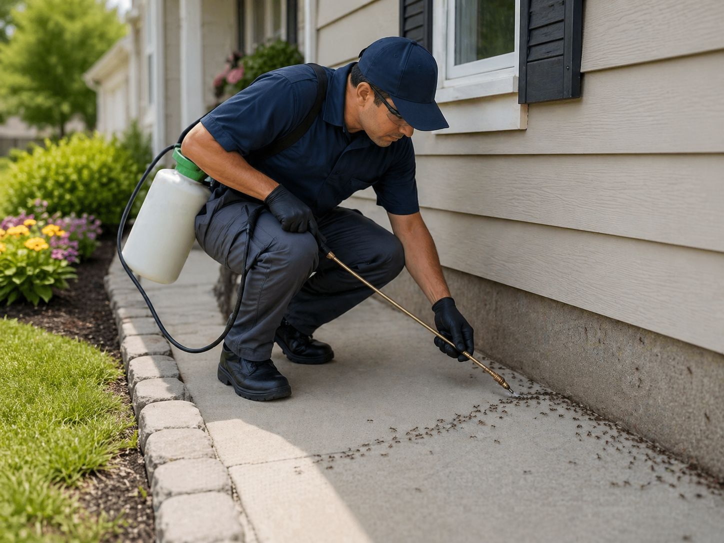 A technician spraying a liquid cockroach treatment onto a trail of ants along a concrete path and house foundation.