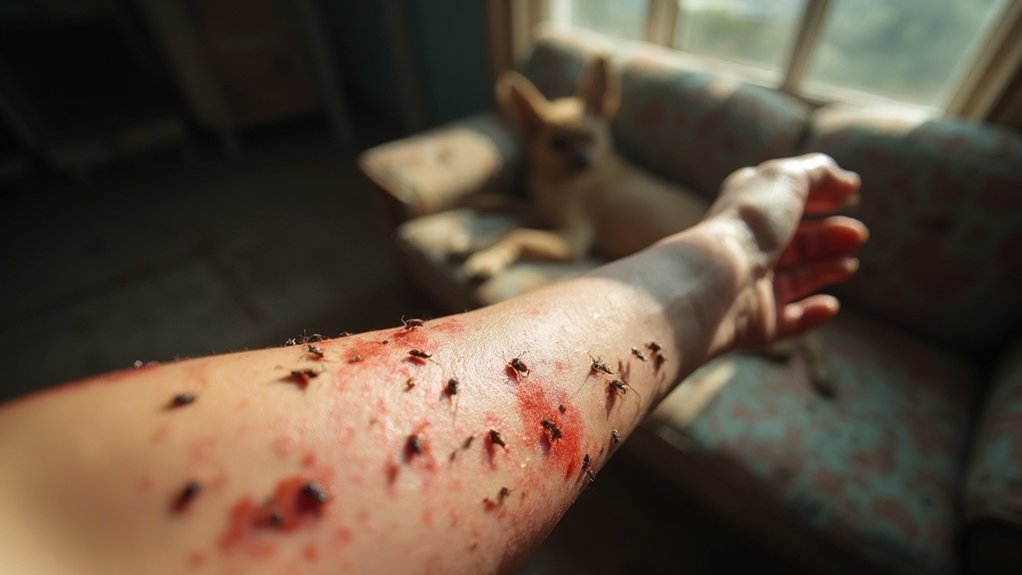 A close-up of a human arm covered in numerous red, inflamed flea bites with several small fleas visible on the skin and a dog sitting on a sofa in the blurred background.