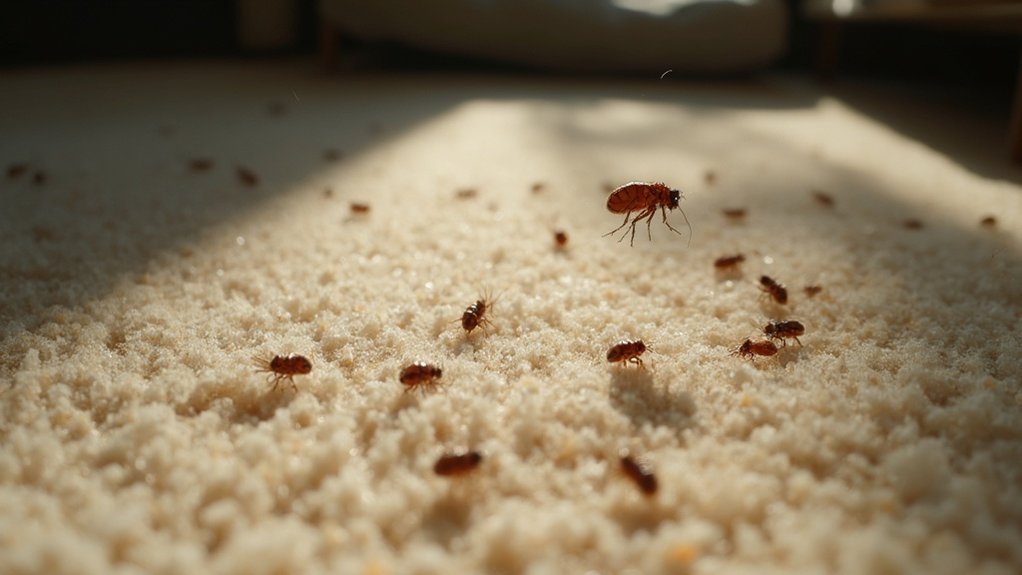 A close-up view of numerous small brown fleas jumping and crawling deep within the fibers of a light-colored household carpet.