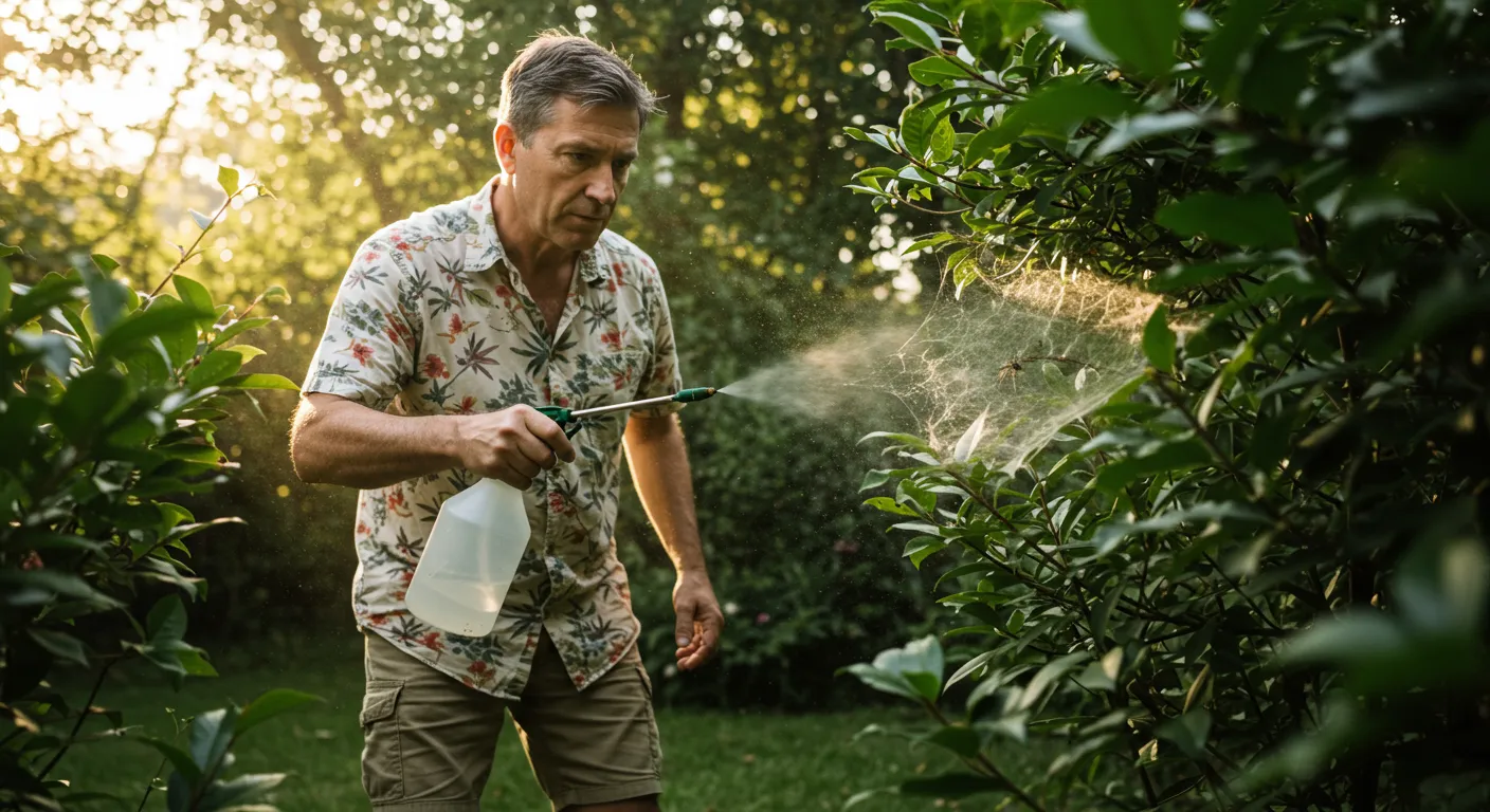 A man in a floral shirt and khaki shorts uses a handheld pressure sprayer to apply a treatment to a large spider web nestled within green garden bushes.