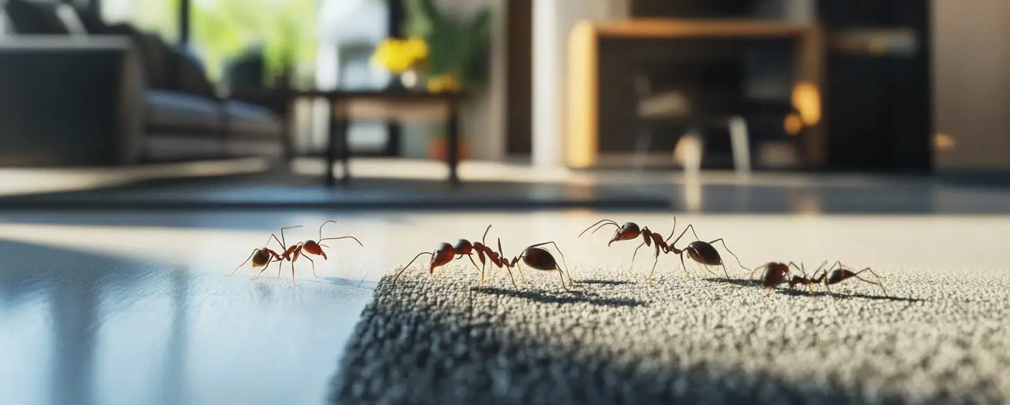 A close-up shot of several ants crawling across a rug and hard flooring inside a modern living room.
