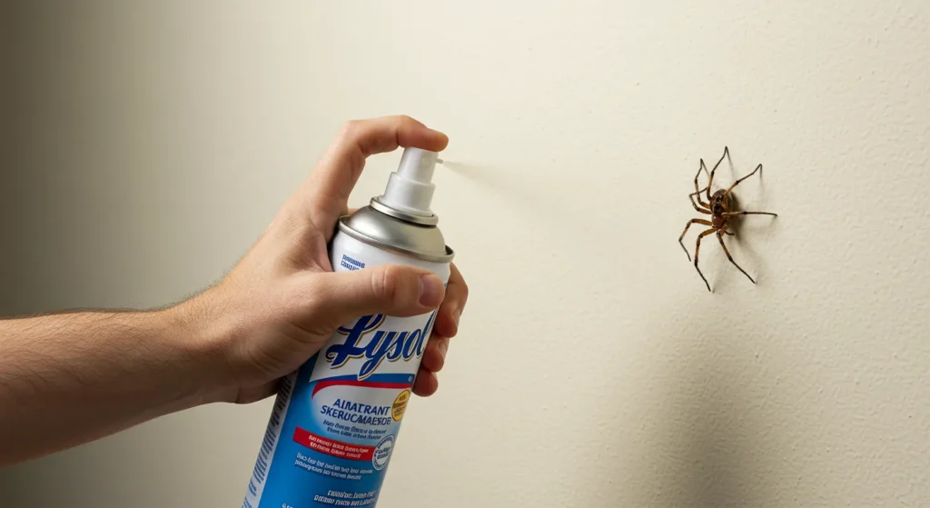 A close-up view of a hand holding a blue and white aerosol spray can, pointing it towards a large brown spider on a plain, light-coloured interior wall.