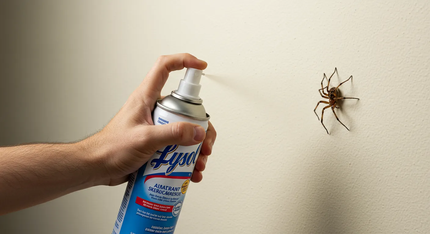 A close-up view of a hand holding a blue and white aerosol spray can, pointing it towards a large brown spider on a plain, light-coloured interior wall.