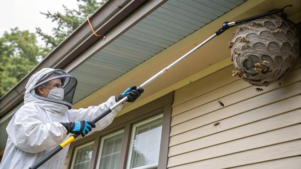 A pest control professional wearing a full white protective suit, mesh veil, and mask uses a long extension pole to reach and remove a large, bulbous hornet nest attached to the eaves of a residential house.