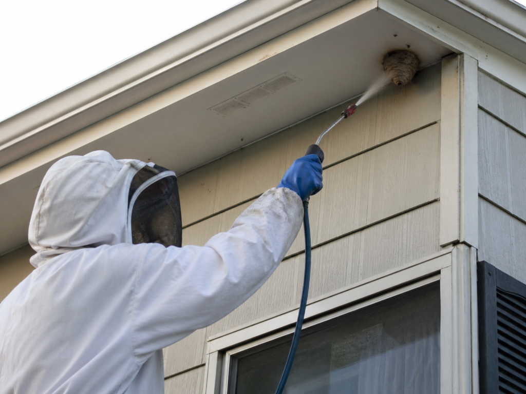 A pest control technician wearing a white protective bee suit and mesh veil uses a long-nozzled spray wand to apply a treatment directly to a small wasp nest under the eaves of a house.