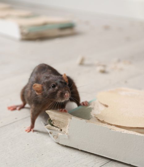 A dark brown rat standing on a light-coloured floor next to a piece of drywall that has been significantly chewed and damaged.