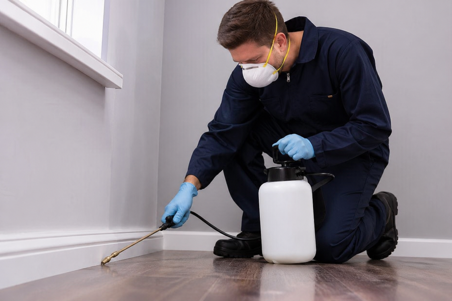 A pest control specialist in a dark blue uniform, wearing a protective mask and blue gloves, applies a targeted liquid treatment along a white baseboard and the edge of a dark wood floor using a handheld pressure sprayer.