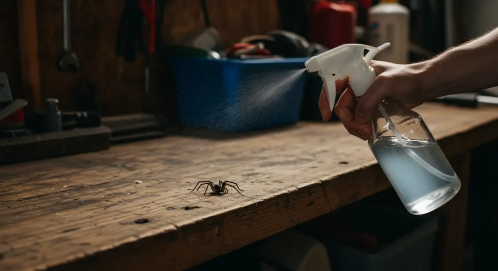 A close-up view of a person using a clear trigger spray bottle to apply a mist treatment to a dark spider on a rustic wooden workbench in a garage or workshop setting.