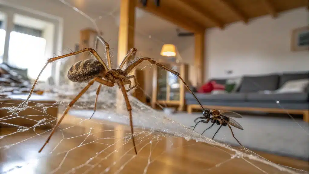 A dramatic, low-angle close-up of a large brown spider on its web across a wooden surface, with a fly trapped in the silk nearby and a blurred contemporary living room in the background.