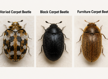 Three macro photos show different carpet beetle species side-by-side: a round Varied Carpet Beetle with a white and yellow mottled shell, a solid matte Black Carpet Beetle, and a golden-brown Furniture Carpet Beetle.
