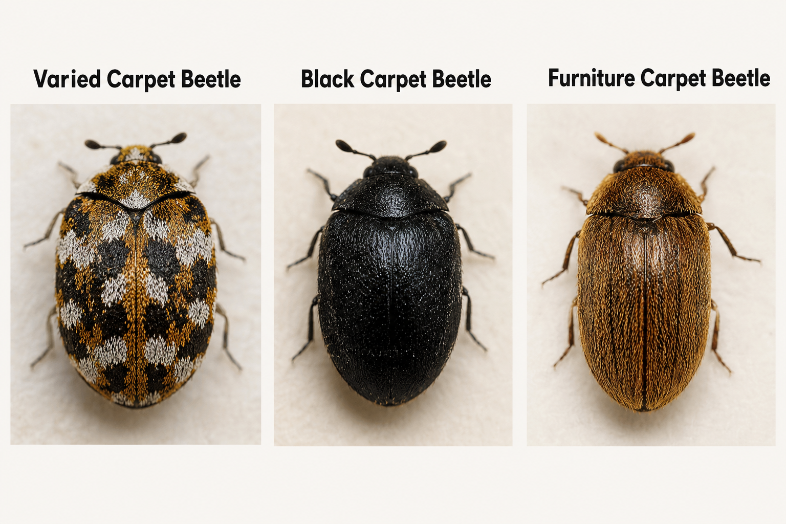 Three macro photos show different carpet beetle species side-by-side: a round Varied Carpet Beetle with a white and yellow mottled shell, a solid matte Black Carpet Beetle, and a golden-brown Furniture Carpet Beetle.