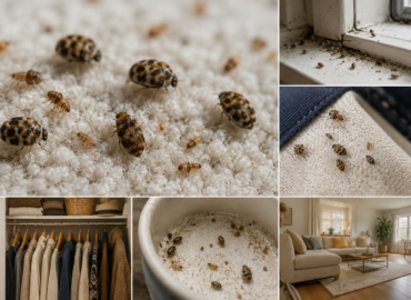 A hyper-realistic composite image showing a carpet beetle infestation inside a typical suburban home. Multiple close-up views depict carpet beetles and larvae on soft furnishings such as carpets, clothing, upholstery, and fabric storage areas. The scene also includes affected household spaces like a closet, windowsill, and living room, emphasizing how the pests spread across different indoor environments. The focus is on infestation details, damaged textiles, and hidden pest activity within a clean, modern home interior.