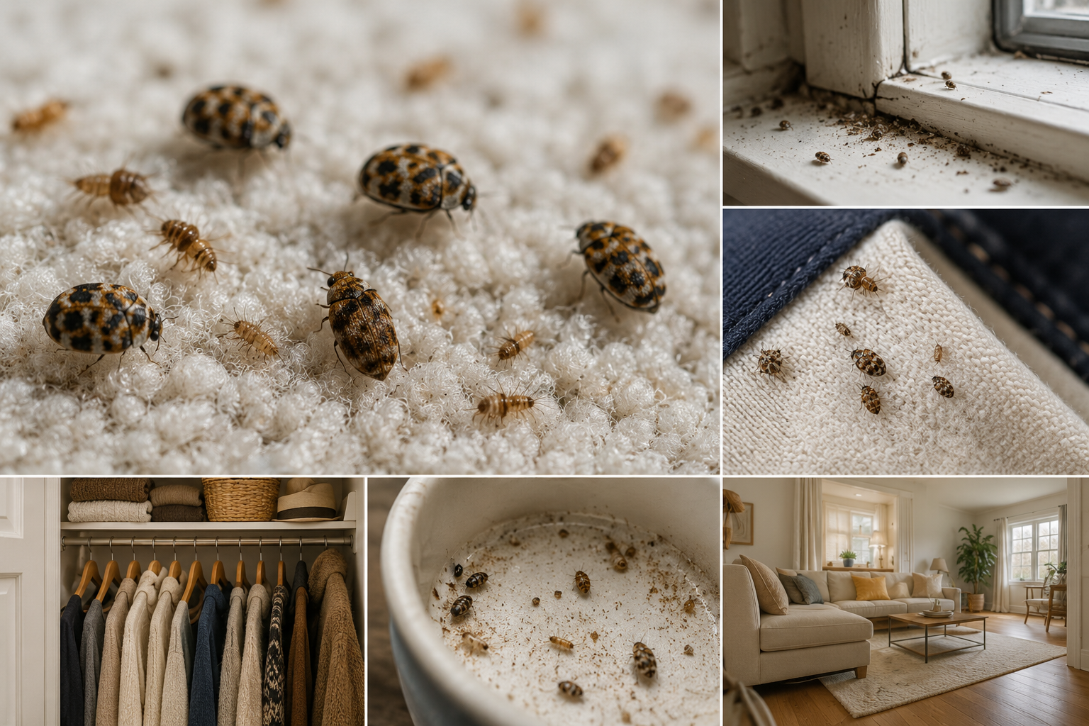 A hyper-realistic composite image showing a carpet beetle infestation inside a typical suburban home. Multiple close-up views depict carpet beetles and larvae on soft furnishings such as carpets, clothing, upholstery, and fabric storage areas. The scene also includes affected household spaces like a closet, windowsill, and living room, emphasizing how the pests spread across different indoor environments. The focus is on infestation details, damaged textiles, and hidden pest activity within a clean, modern home interior.