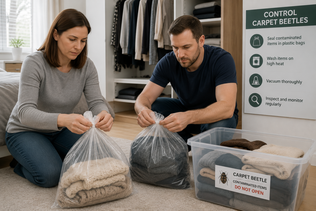 Homeowners sealing contaminated items in plastic bags to control carpet beetle infestation in a bedroom.