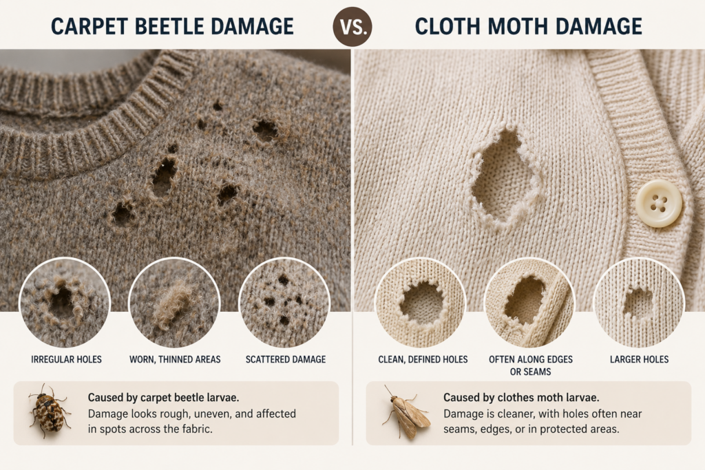 Side-by-side comparison image showing carpet beetle damage versus clothes moth damage on knitted clothing, highlighting irregular frayed holes and thinning fabric from carpet beetles compared with cleaner, more defined holes commonly caused by clothes moth larvae.