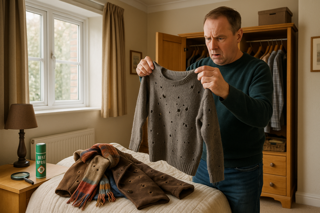 A concerned man standing in a bedroom, holding up a grey wool sweater filled with irregular holes caused by carpet beetle larvae damage. His expression is one of shock and frustration as he inspects the ruined garment in front of an open wooden wardrobe. On the bed in front of him lies a pile of other infested items, including a brown coat and a scarf, all showing similar signs of being eaten. In the foreground on a bedside table, a green spray can and a magnifying glass suggest an attempt to identify and treat the pest problem.