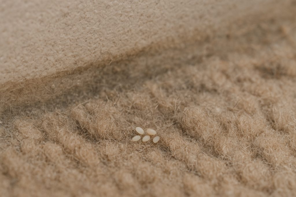 A macro photograph showing a small cluster of five tiny, oval, creamy-white carpet beetle eggs tucked into the base of beige carpet fibres near a skirting board. The image illustrates how these eggs are often hidden in dark, quiet corners of a home.