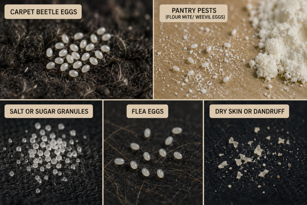 Close-up comparison image showing carpet beetle eggs beside similar-looking white particles including pantry pest eggs, salt or sugar granules, flea eggs, and dry skin or dandruff on dark fabric surfaces.