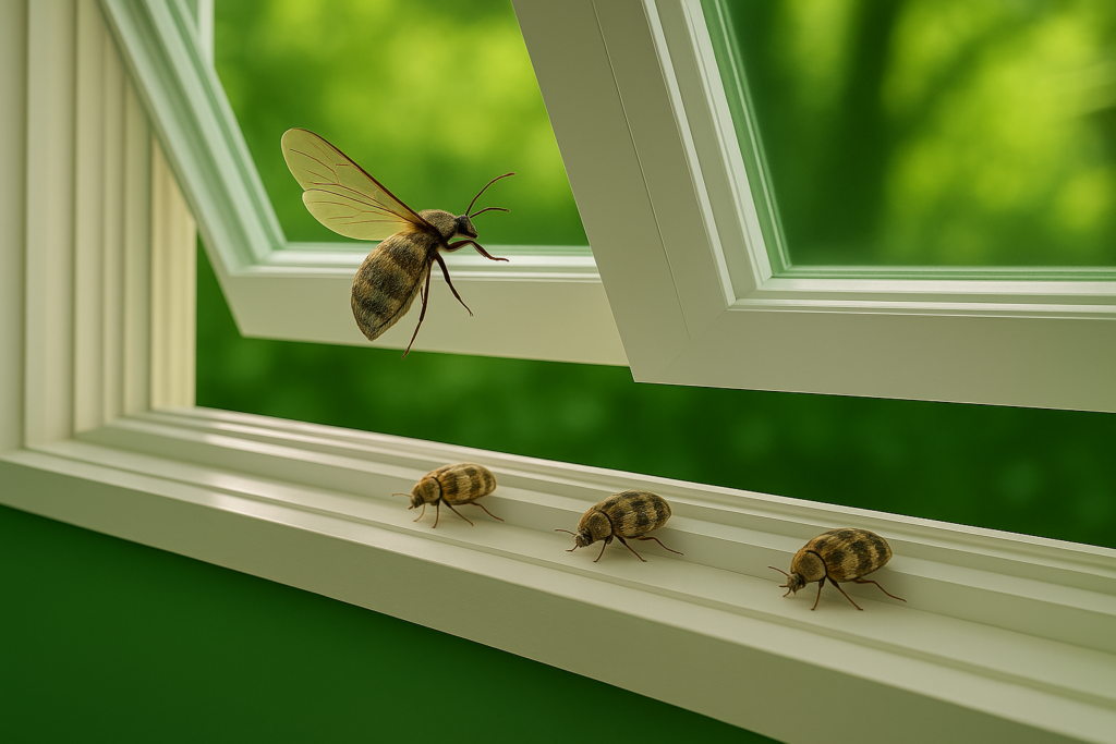 Adult carpet beetles entering a home through an open window, with several beetles crawling along the white window frame against a green outdoor background.