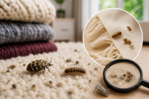 Carpet beetle guide - close-up of carpet beetle larvae on fabric