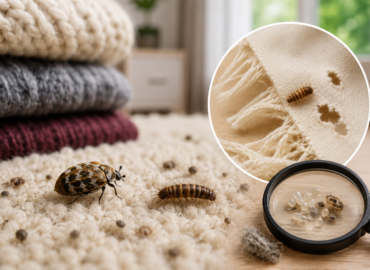 Close-up macro-style image showing carpet beetle infestation in a home setting, with larvae and adult beetles on a textured carpet, visible fabric damage, and a magnified inset highlighting eggs and shed skins, illustrating signs of infestation and textile destruction.