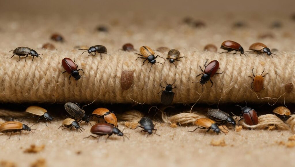 A close-up shot showing an infestation of various carpet beetles crawling over and underneath the edge of a thick, woven natural-fibre rug. The beetles vary in colour from solid black and reddish-brown to mottled tan patterns, highlighting how they congregate around floor coverings.