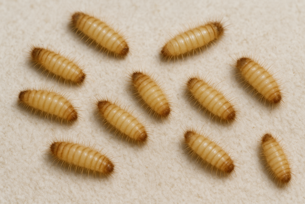 A high-resolution, macro photograph showing eleven carpet beetle larvae spread across a beige, textured fabric surface. The larvae are cream-colored and carrot-shaped, featuring distinct segmented bodies covered in fine, brown, prickly bristles (hastisetae) that give them a fuzzy appearance. Each larva has a darker brown tip at its posterior end, highlighting their characteristic scavenger form.