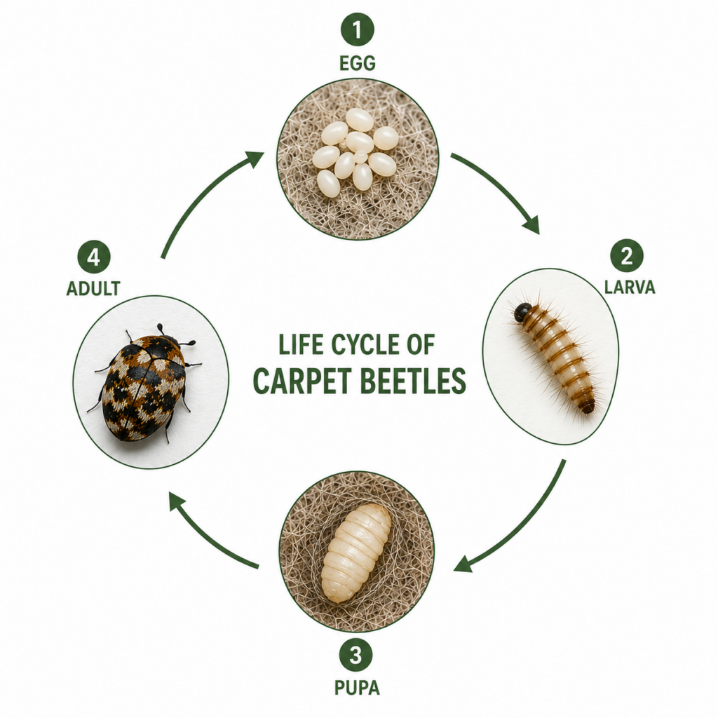 Lifecycle of carpet beetles infographic showing the four stages: egg, larva, pupa, and adult beetle in a circular life cycle diagram with labeled images on a white background.