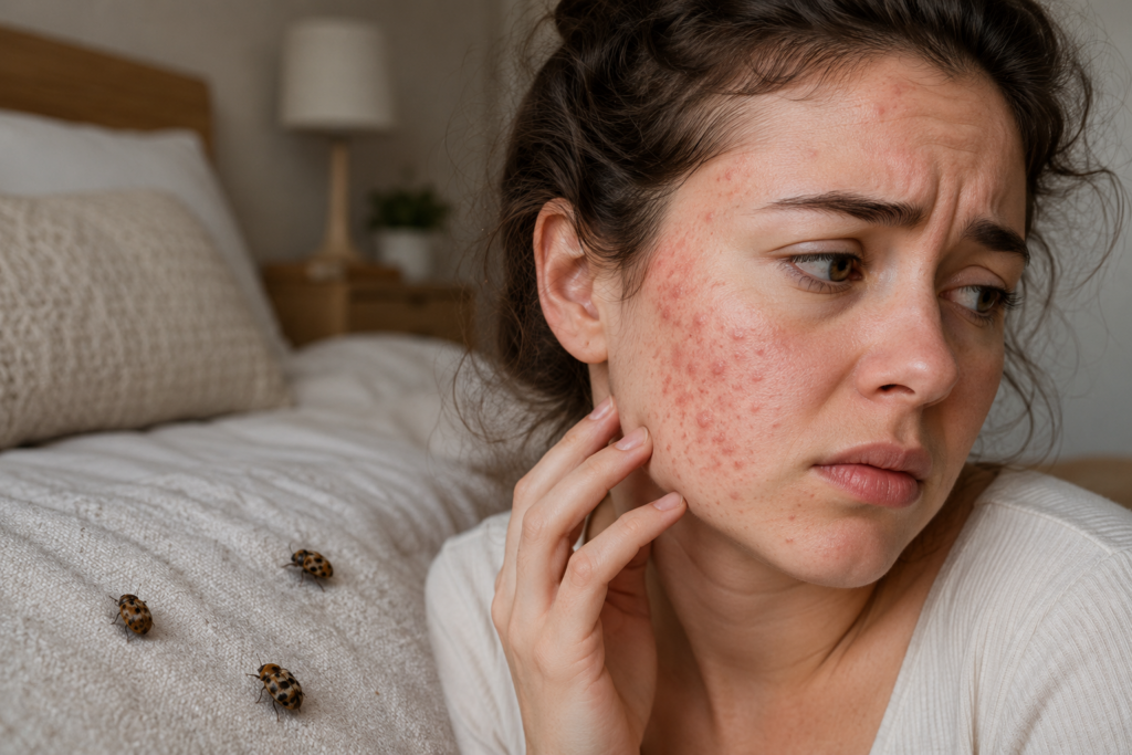 Young woman sitting on a bed in a softly lit bedroom, showing an irritated carpet beetle rash on her face while a few small carpet beetles are visible crawling on the bedding nearby.