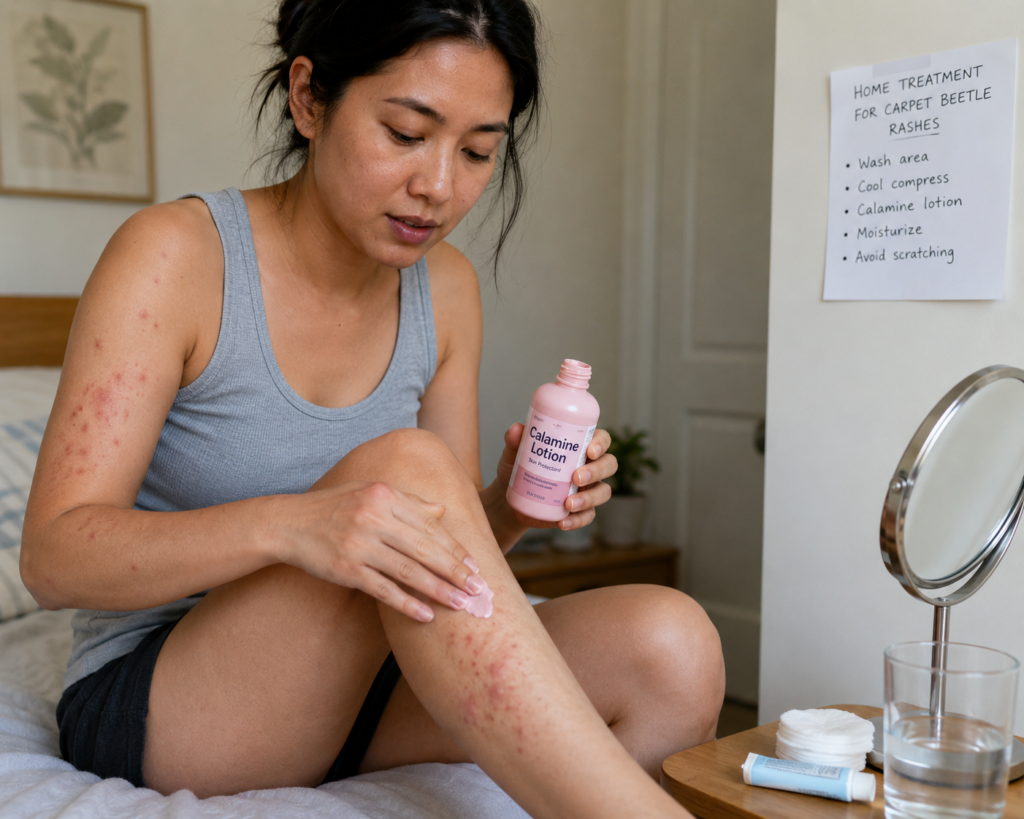 A realistic indoor scene of a person sitting on a bed in a softly lit bedroom, gently applying calamine lotion to visible red rash marks on their leg, suggesting home treatment for carpet beetle-related skin irritation, with simple self-care items on a nearby table.
