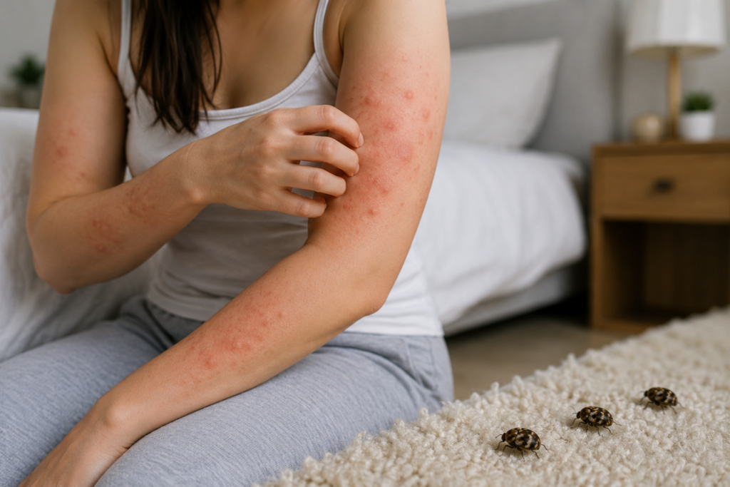 A woman sitting on a bed scratching a red, bumpy carpet beetle rash on her arm while several varied carpet beetles crawl on the carpet nearby.