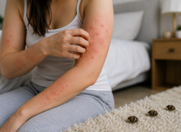 A woman sitting on a bed scratching a red, bumpy carpet beetle rash on her arm while several varied carpet beetles crawl on the carpet nearby.