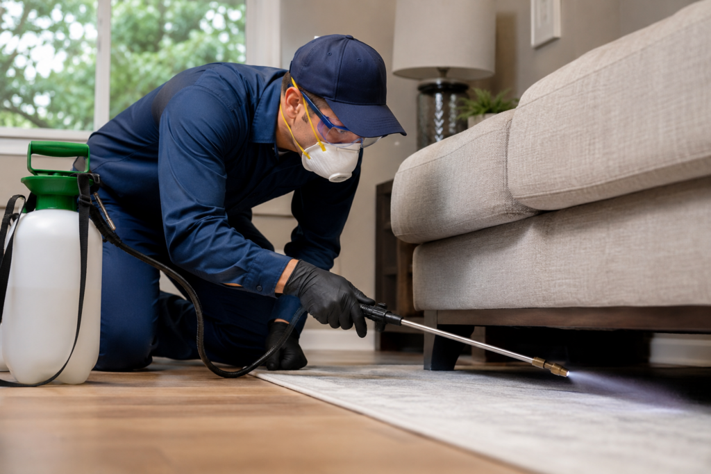 Professional pest control technician spraying under furniture in a Surrey home to eliminate carpet beetle infestation