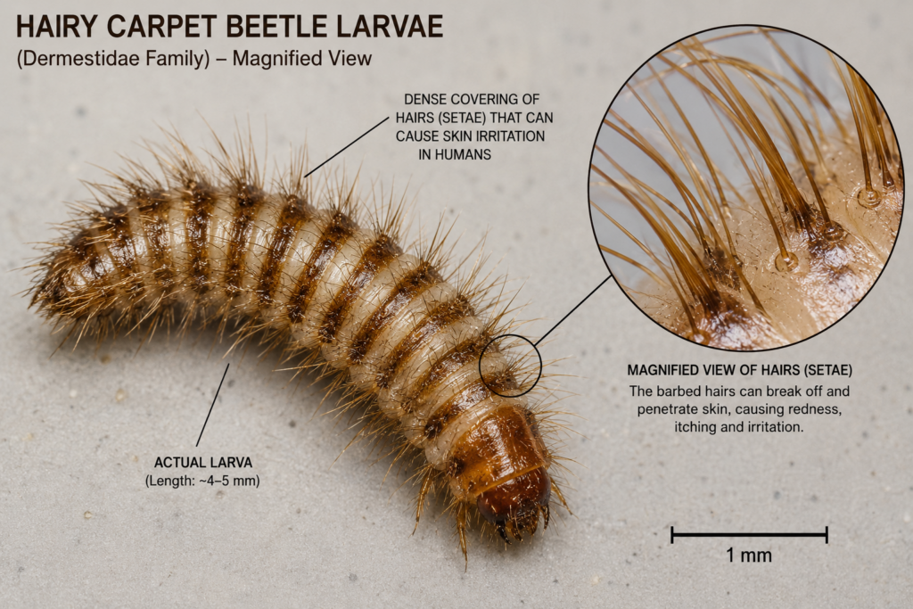 Magnified close-up of a hairy carpet beetle larva showing dense bristle-like hairs (setae) on its segmented body, highlighting the microscopic hairs that can cause skin irritation in humans.