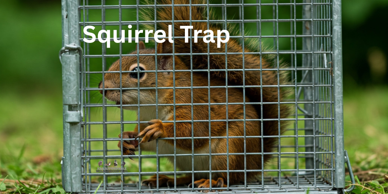 A red squirrel inside a galvanized wire mesh cage trap outdoors on a grassy surface. The text "Squirrel Trap" is overlaid in white at the top of the image.