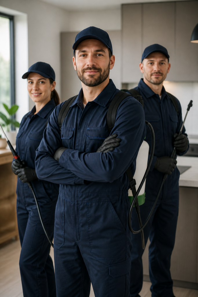 Professional pest control team in navy uniforms standing confidently in a modern kitchen, each wearing gloves and carrying spraying equipment, with “TopLine Pest Control” logos visible on their caps and shirts.