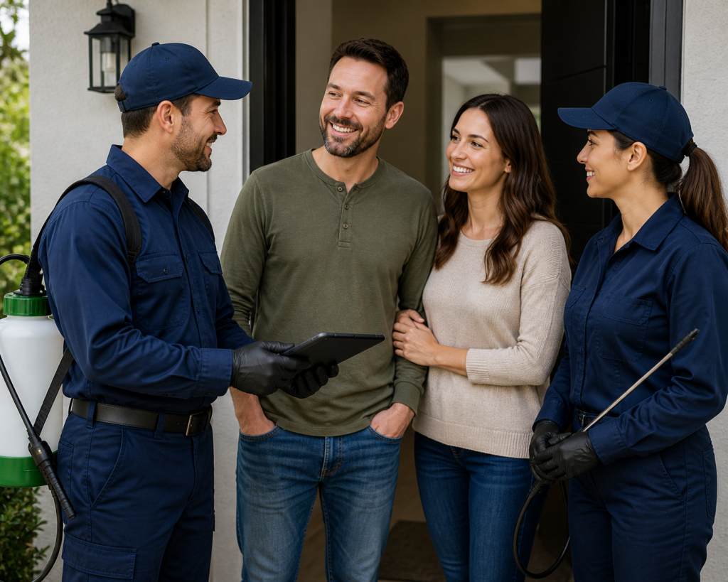 Smiling homeowners standing at their front door talking with two professional pest control technicians in uniform, who are holding equipment and a tablet while discussing service in a friendly, welcoming setting.