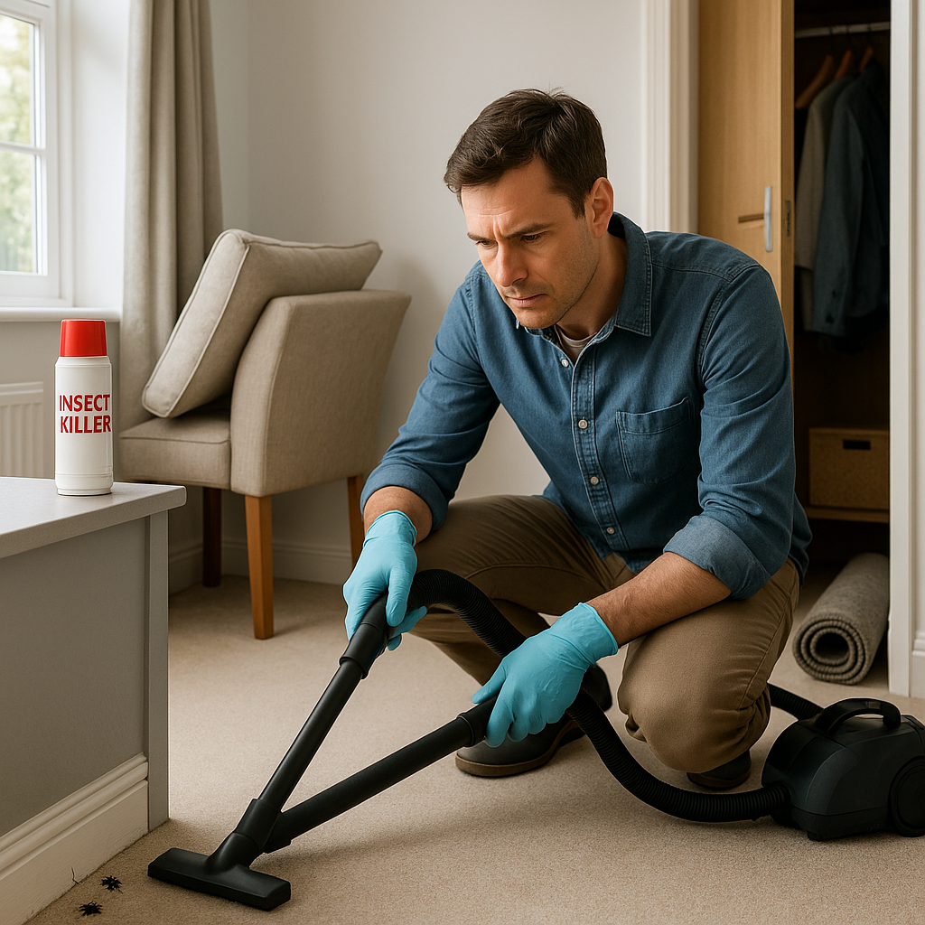 a homeonwer vacuuming the floor to remove carpet beetle infestation