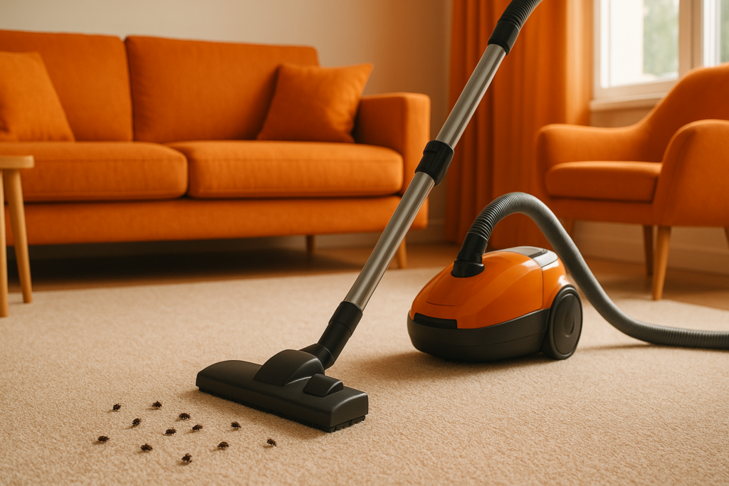 An orange canister vacuum cleaner being used on a beige carpet in a modern living room to remove a cluster of carpet beetles. The vacuum head is positioned near several small, dark, round beetles scattered on the floor, illustrating a primary method of mechanical pest control. In the background, a matching orange sofa and armchair create a bright, clean domestic setting, emphasizing the importance of regular maintenance in preventing infestations within the home.