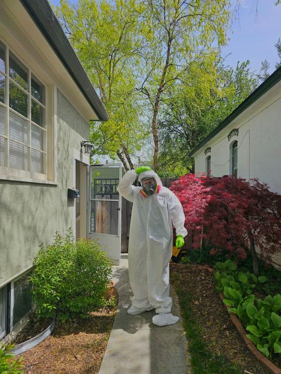 Pest control technician spraying exterior of a home in Abbotsford BC